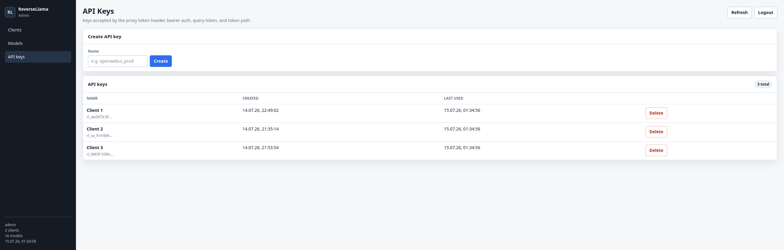 Screenshot of the backend - api keys view